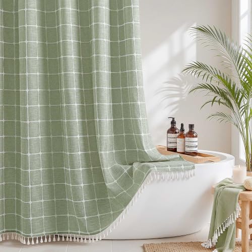 River Dream Sage Green Farmhouse Shower Curtain with Snap-in Liner, No Hooks Needed,with Magnets,with Tassels,Water Repellent&Machine Washable,36x74Inch - color: Sage Green-window, size: 36"W x 74"L (Pack of 1)
