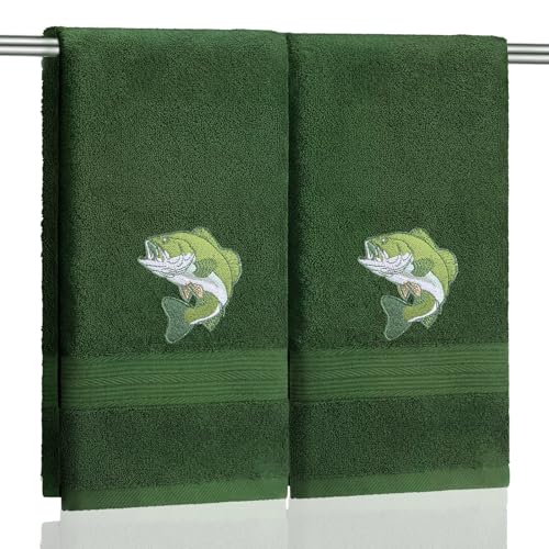 SmoothNovelty 2 Pcs Fishing Hand Towels Olive Green Bathroom Decor 14x29 Inch Embroidered 100% Cotton Soft Absorbent Spring Summer Decorative Hand Towels for Bathroom Kitchen - style: Fishing Hunting