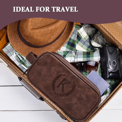 Travel Toiletry Bag For Mens PU Leather Engraved Initials (Dark Brown B) | Personalized Gifts For Father Husband Groomsmen Birthday Waterproof Dopp Kit Bag Beach Travel Essentials Bathroom Organizer - color: Dark Brown, style: B