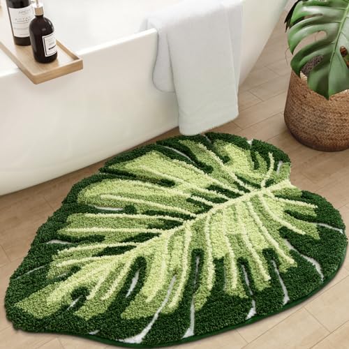 DEXI Leaf Bathroom Rugs Monstera, 31.5x23.5 Soft Fluffy Cute Bath Mat with Non Slip Backing, Washable Absorbent Bath Rug Quick Dry for Shower Floor, Toilet, Bedroom, Kids Room, Green - color: Ample Monstera