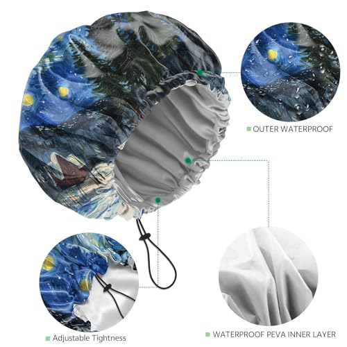 2 PCS Shower Cap Waterproof Double Layer Elastic Adjustable Reusable Hair Bath Caps for Girls Women Cute Aesthetic-Blue White - color: G18-Blue White