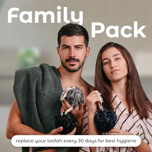 MainBasics Shower Loofah Sponge Pouf, Set of 3, Black Ice | Soft Mesh Body Scrubber and Bath Sponge for Gentle Exfoliation, Rich Lather, and Everyday Shower Use - style: Black Ice