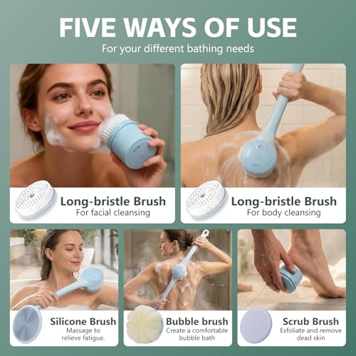 Electric Body Brush Back Scrubber for Shower, Waterproof Long Dual Handle Power Body Scrubber with 4 Heads, Bath Brush & 2 Speeds, for Deep Cleansing, Exfoliating and Massaging Skin (Blue) - color: Blue