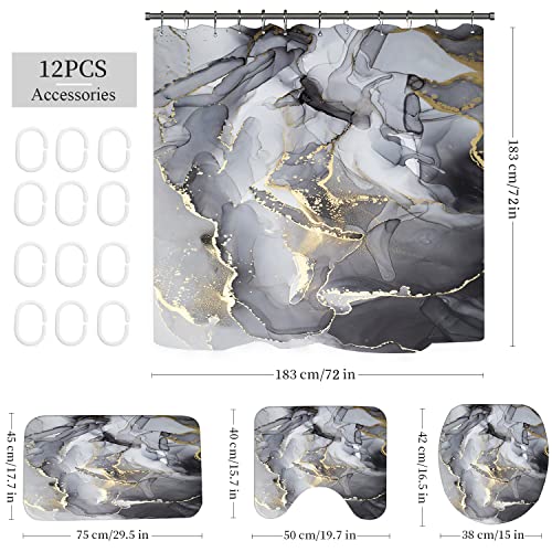 Black Gray Gold Marble Bathroom Sets with Rugs for Bathroom Decor, 72x72 Inches Gold Shower Curtain with Non-Slip Rugs and Accessories, Waterproof Machine Washable Bath Curtain - color: Black Gold Marble