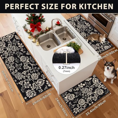 LOKHOM Boho Kitchen Rugs Sets of 3, Non Slip High-Low Textured Kitchen Mats for Floor with Rubber Backing, Paisley Floral Washable Carpet Runner for Hallways Entryway Laundry Sink (Black & Beige) - color: Black & Beige, size: 24"x35"+24"x48"+24"x60"