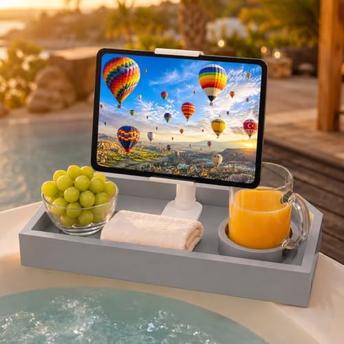 Vespara Bamboo Hot Tub Table with Adjustable Phone Holder, Non Slip Hot Tub Table Spa Gifts for Women, Bathtub Canddy Tray with Wine Glass Holder Tray for Luxury Bathtub& Bathroom Accessories Silver - color: Silver