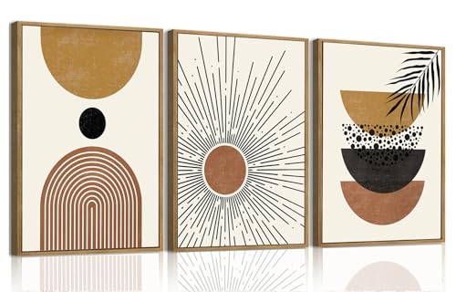 Bwodke Boho Wall Art, Framed Abstract Sun Wall Art, Neutral Canvas Wall Decor, Mid Century Geometric Line Pictures Set of 3, Minimalist Paintings, for Bedroom Living Room Bathroom 12"x16" - color: Boho Sun, size: 12"x16"Natural