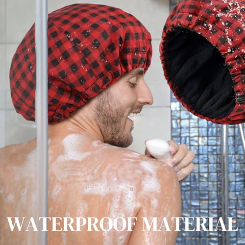 Shower Cap for Men Red Plaid Bath Cap, Reversible Large Waterproof Adjustable Shower Caps Terry Lining & Elastic Band Stretch Hem Hair Hat - color: RED PLAID