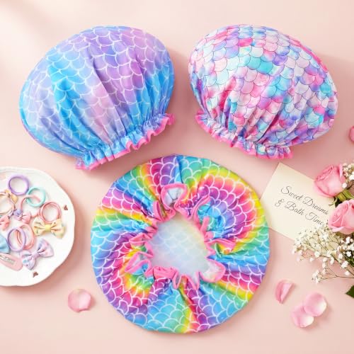 Olypegic Kids Shower Cap, 3 Pcs Girls Shower Cap for Kids Reusable Waterproof Adjustable Large Hair Cap Unicorn Mermaid Rainbow Cute Hair Cover Hat - color: Mermaid