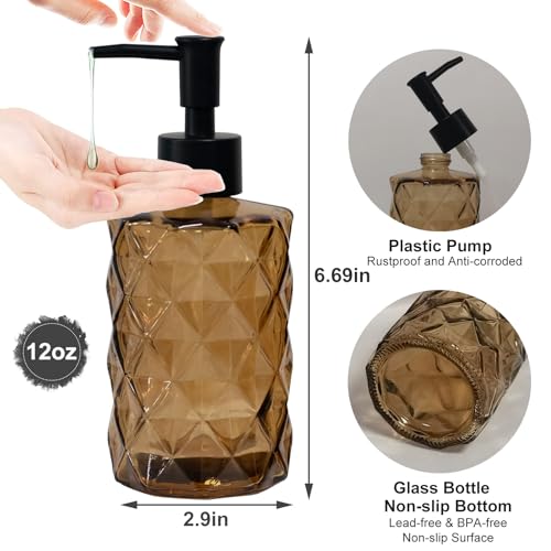Brown Bathroom Soap Dispenser with Black Plastic Pump, 12oz Glass Lotion Dispenser, Crystal Hand Soap Dispenser for Modern Home Decor, Kitchen Countertop, Hotel - color: Light Brown
