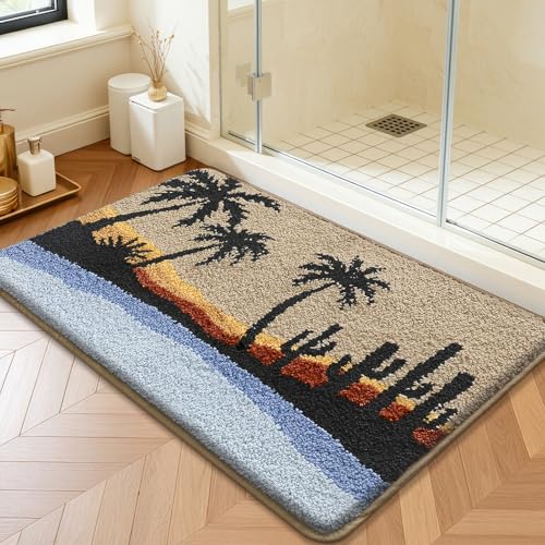 Bathroom Rug Mat, Beach Sunset Fluffy Rug with Palm Tree & Cactus Silhouette, Ultra Absorbent Microfiber Shaggy Door Mat, Quick Dry Bath Rug Carpet for Toilet Bathtub Bedroom 20x31 Inch - color: Blue