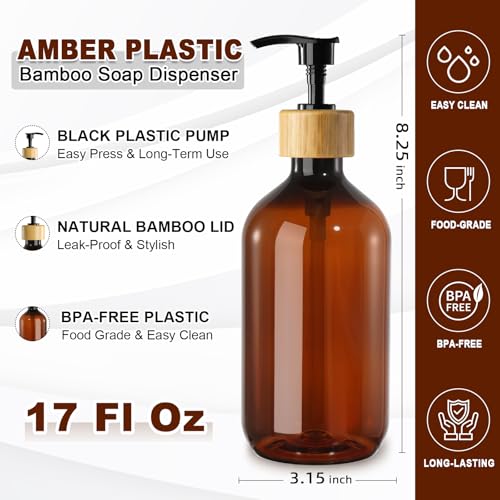 KASUNTING Amber Soap Dispenser Plastic, Brown Dish Soap Dispenser with Bamboo Pump for Kitchen,17 Fl Oz Hand and Dish Dispenser Set for Bathroom, Farmhouse Liquid Soap and Lotion Dispensers Bottle - color: Amber, size: 2 Bottles