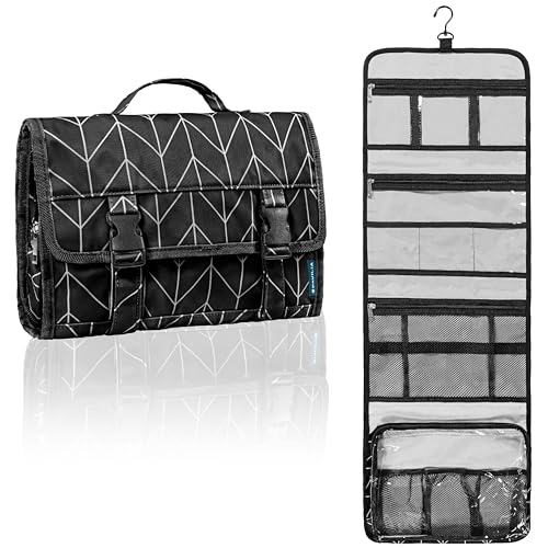 PAVILIA Travel Hanging Toiletry Bag for Women Men, Large Capacity Makeup Bag Kit, Waterproof Cosmetic Storage Organizer Case for Bathroom Shower - color: Black Chevron, size: Large