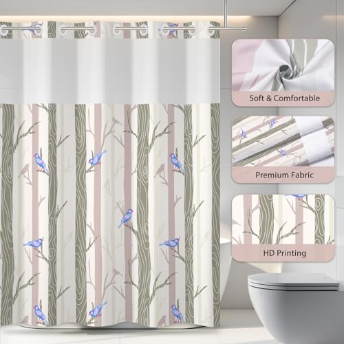 No Hook Shower Curtain with Snap in Liner, Blue Bird Tree Fabric Shower Curtain Set for Bathroom, Hotel-Quality, See Through Top Window Design, 71" W x 86" L - color: 05 Bird - Blue, size: 71"W x 86"L (Pack of 1)