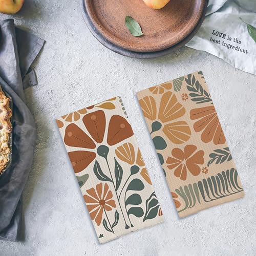 Abstract Boho Floral Kitchen Towels Set of 2, 70s Retro Groovy Dish Towels for Kitchen, Vintage Boho Hand Towels for Bathroom, 16x24 Inches - color: Patterned