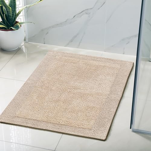 Cotton Reversible Bathmats 20"X32" Beige – 100% Cotton Bath Mat, Anti?Skid, Soft & Absorbent Bathroom Rug for Shower, Tub & Entryway - color: Beige, size: 20"X32" - Reversible