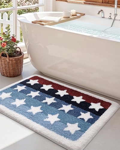 DEXI Rustic Star Bathroom Rug, 32x20 Non Slip Washable Bath Mat Absorbent, Ultra Soft Plush Microfiber Bathmat Quick Dry for Shower Floor, Tub, Sink, Colorful Stripes - color: Stripes Blue and Star, size: 32" X 20" (Rectangular)