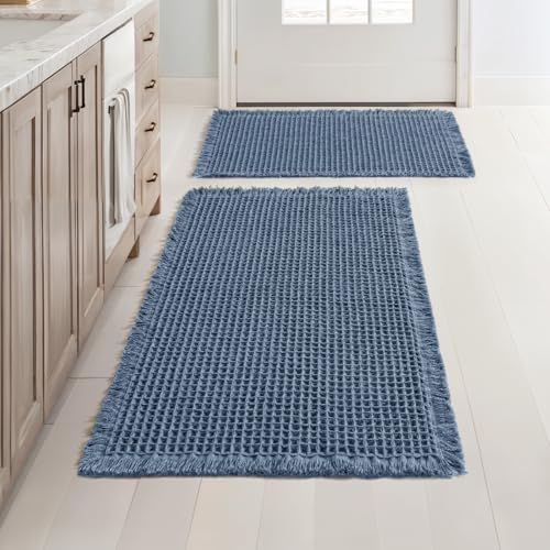 MIULEE Set of 2 Waffle Bathroom Rugs, Boho Bath Rugs Non Slip Washable, Super Absorbent Bath Mats, Ultra Soft Rubber Backed Shower Mats for Bathroom Floor, Tub and Shower, Blue, 17"x24"+20"x32" - color: Blue, size: 17''x24'' + 20''x32''