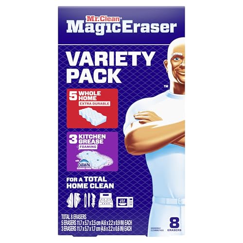 Mr. Clean Magic Eraser Sponge, All Purpose Cleaner, Cleaning Scrubber, Wall, Kitchen, Bathroom, Shower Cleaner, Melamine Sponge, Cleaning Pads, Variety Pack, 5 Extra Durable, & 3 Grease Magic Erasers - size: 8 Count (Pack of 4), style: Upgraded Version