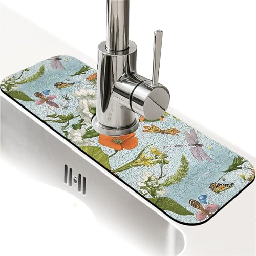 Faucet Fast Absorbent Pad - Vintage Dragonfly Butterfly Flowers Drying Pad, Suitable For Kitchen, Bathroom, Island And Other Scenes - color: Vintage Dragonfly Butterfly Flowers