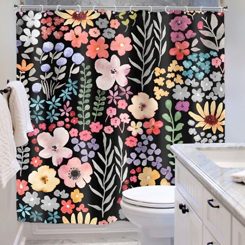 Riyidecor Black Dark Floral Flowers Shower Curtain for Bathroom Decor 72Wx72H Watercolor Plants Leaves Herbs Botanical Wildflower Art Printed Fabric Polyester Waterproof 12 Pack Plastic Hooks - color: E-black, size: 72"W x 72"L (Pack of 1)