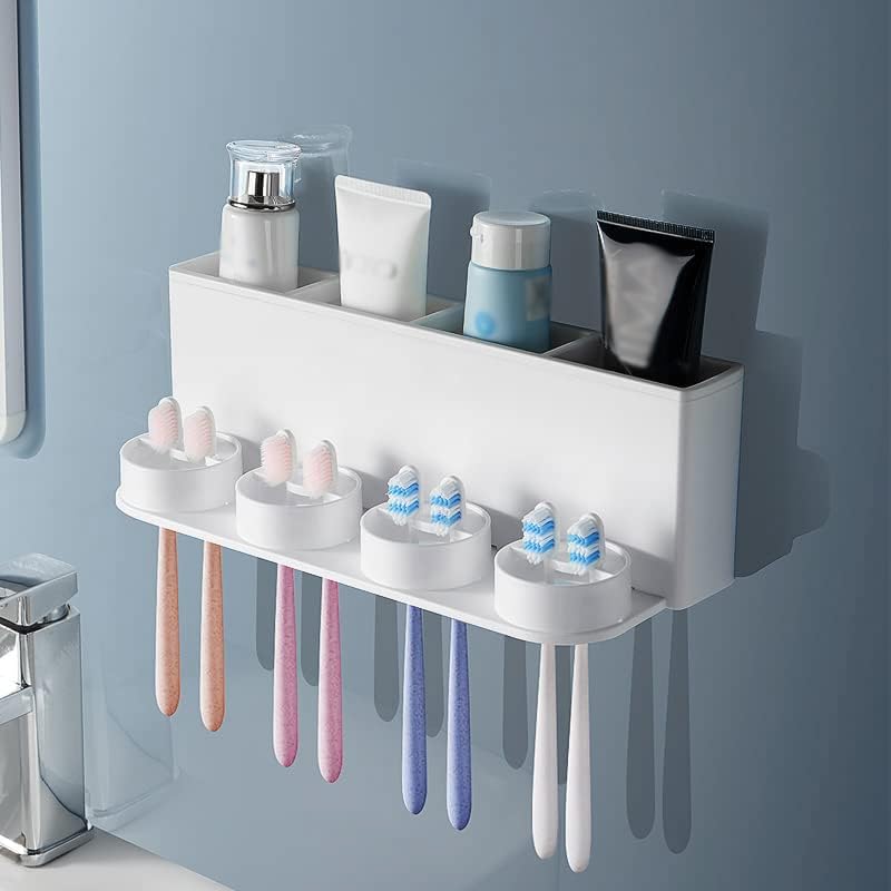 So Nice Toothbrush Holders for bathrooms Accessories Wall Mounted,Electric Shower Toothbrush Holder White Plastic toothbrushes Holder Set for Kids with 4 Cups - color: 4cups