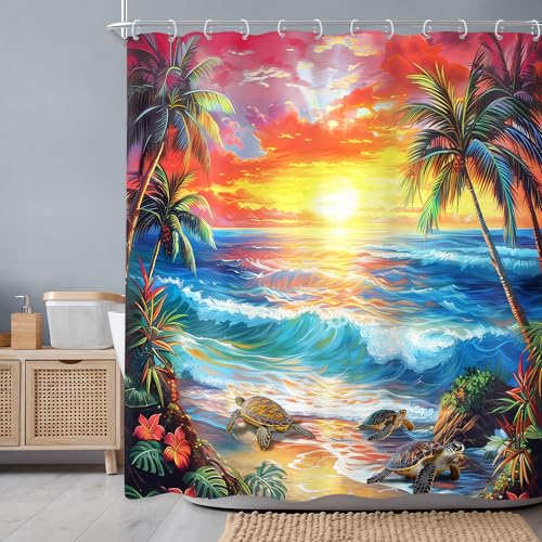 Newsely Ocean Shower Curtain 60Wx72L Inch Summer Beach Tropical Leaf Hawaiian Rustic Bright Red and Yellow Sky Sea Turtles Bathroom Set Sunset Waterproof Bath Decoration Accessories Home Decor - color: A-06beach, size: 60"W x 72"L (Pack of 1)