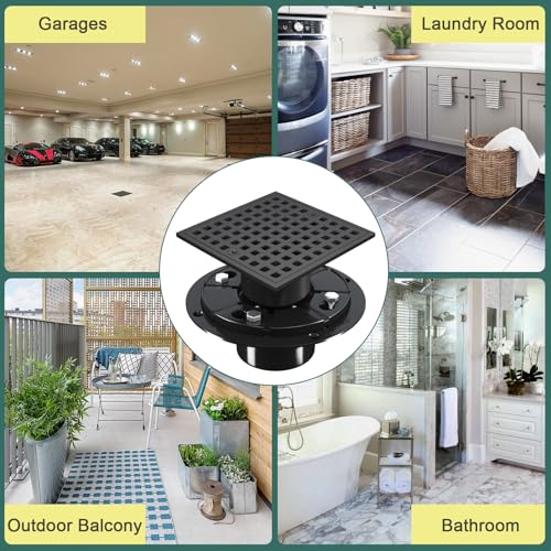 4 Inch Shower Floor Drain with Flange - Square Shower Drain with Hair Strainer - Removable Grid Strainer Cover - SUS304 Stainless Steel - Matte Black - color: Matte Black