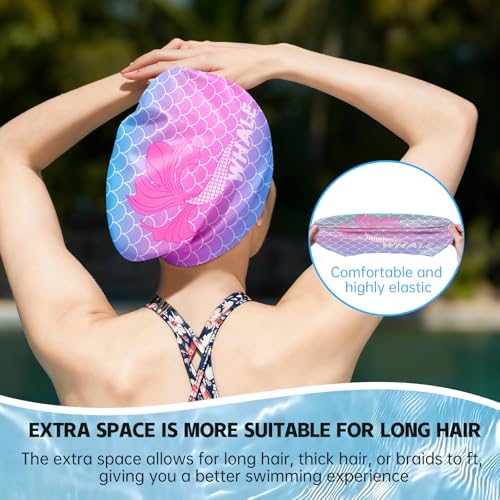 WHALE Extra Large Swim Cap Designed for Men and Women with Thick, Long Hair, Hair Extensions Or Afro-Textured Hair Long-Hair Swim Cap Highly Waterproof to Keep Hair Dry - color: Dreamlike Mermaid