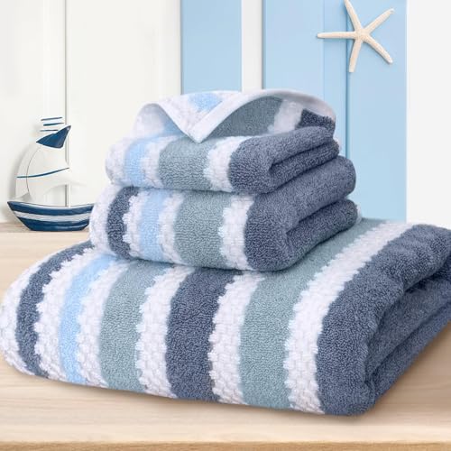 Waffle Towels for Bathroom-Quick Dry | Thick | Lightweight | 540GSM,Large Bath 30"x56", Hand 16"x27",Wash Cloths 13"x13",Cotton Polyester Blend Towels with Hanging Loops,Blue Gray Stripe and White - color: Blue-gray and White, size: 3 PC Bathroom Towel Se