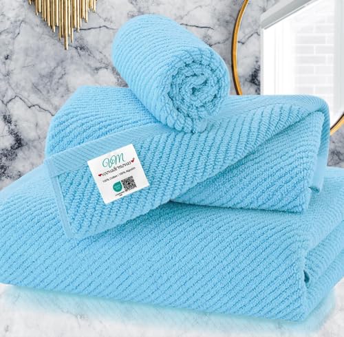 VOOVA & MOVAS Ocean Blue Towels for Bathroom, 100% Cotton | Quick Dry | Soft | Thick,3 Piece Towel Set, 1 Large Bath 30" x 56", 1 Hand 18" x 28", 1 Wash Cloth 13" x 13", Bathroom Essentials - color: Ocean City Blue, size: 3 PC Bathroom Towel Set