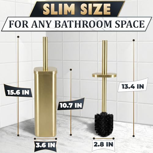 Gold Toilet Brush with Square Holder - Toilet Brush and Holder Set Gold, Stainless Steel Handle with Splash Shield, Replaceable Head and Removable Inner Cup - Freestanding Bathroom Toilet Cleaning Set - color: Gold Rounded Square