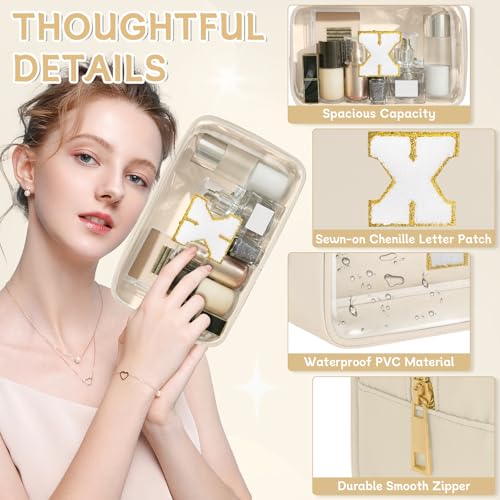 Initial Clear Makeup Bag, Birthday Gift Preppy Chenille Patch Cosmetic Bag, Initial Travel Essentials Beach Toiletry Pouch, Ideal Gift for Teachers & Moms, Women and Girls (Beige, X) - color: Beige, style: X