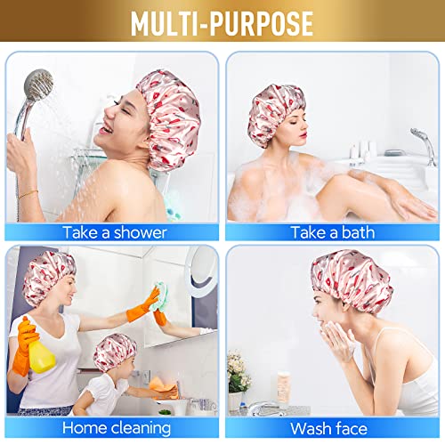 Shower Cap, Adjustable Shower Caps for Women, Extra Large Upgrade Double Waterproof Layers Hair Cap, Bath Caps Shower Hat Women Girls Adult Hair Protection Suitable for All Lengths and Thickness - color: Pink Strawberry, size: X-Large