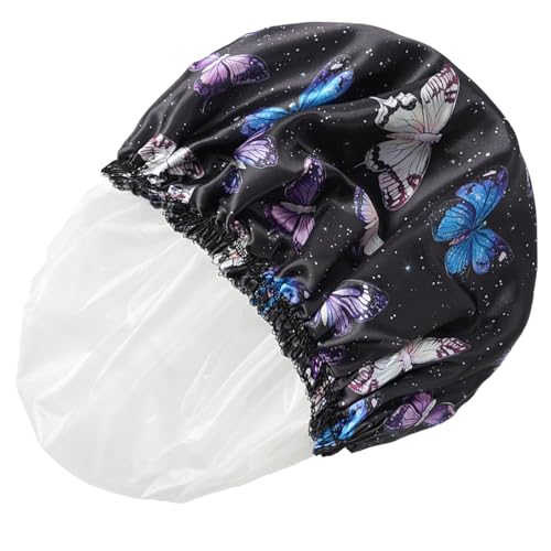 Shower Cap for Women,4 PCS Elastic and Reusable Bath Caps, Double Layers Shower Caps Reusable Waterproof, Bathing Shower Caps, Environmental Bath Hair Protection Cap - Butterfly B - color: Butterfly B