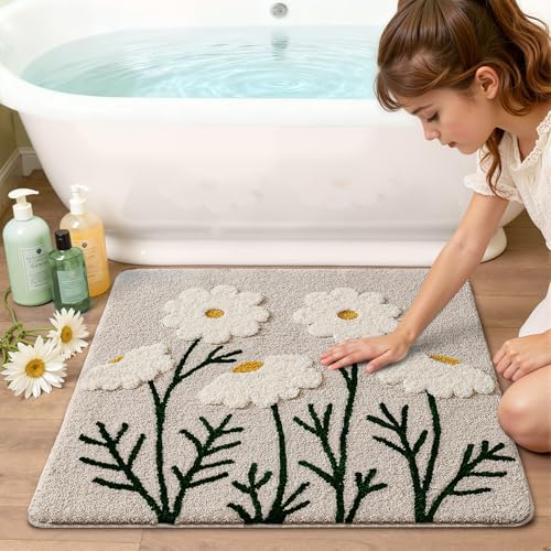 LUMI Bathroom Rugs Cute Daisy, Soft Absorbent Square Bath Mat Non-Slip, Machine Washable Quick Dry White Grey Luxury Rug Flower for Kids Room, Bathtub, Home Decor, 26"x26" - color: Chamomile, size: 26"x26"(Square)