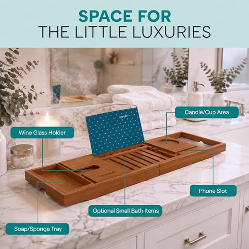 SereneLife Premium Bathtub Tray Caddy, Expandable Bath Tray, Unique House Warming Gifts, Gift for Mom, Women, New Home, Wedding, Anniversary, Bridal Shower, Universal Fit for All Tub - Brown, Gift Set - color: Brown, Gift Set