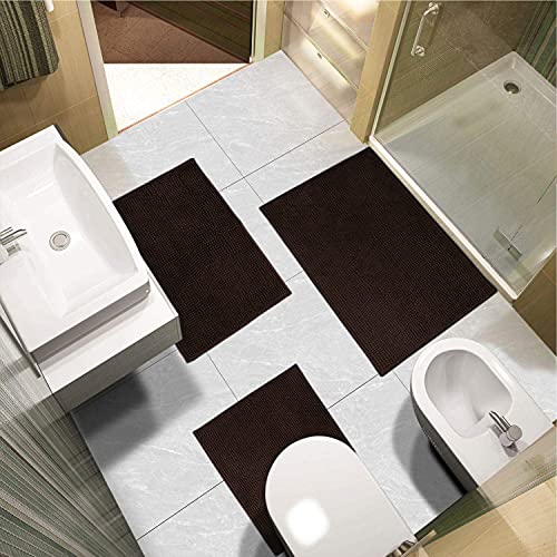 Urvoix Bathroom Rugs Set - 3 Pieces Ultra Soft Non-Slip Bath Mats, Chenille Absorbent Bath Rugs for Bathroom, Tub and Shower (Chocolate Brown) - color: Chocolate Brown
