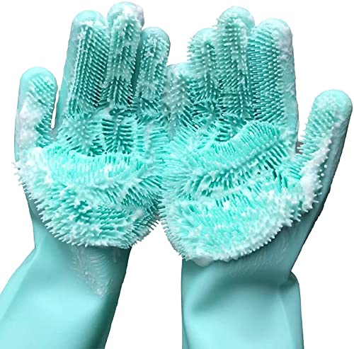 Silicone Dishwashing Gloves, Pet Grooming Rubber Scrubbing for Dishes, Sponge Wash Cleaning with Scrubbers (13.6" L) - color: Green