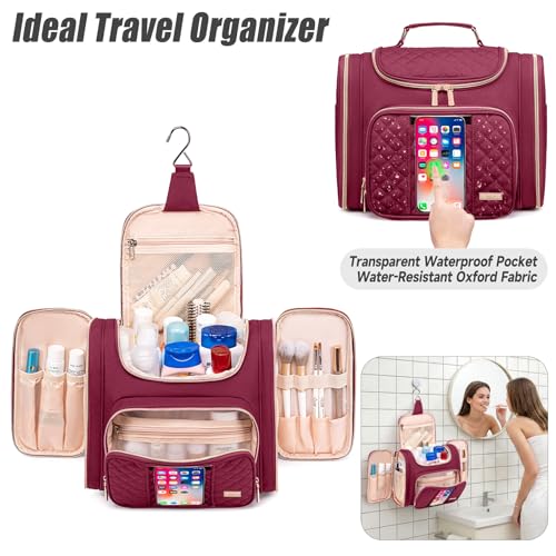 Tealari Large Toiletry Bag for Women Men,Bathroom Bag,Water Resistant Shower Bag,Makeup Bag,Toiletry Bags for Traveling,Hanging Toiletry Bag with Transparent Waterproof Phone Pocket - color: Wine Red