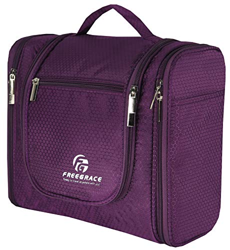 Freegrace Extra Large Hanging Toiletry Bag for Men and Women - Water-Resistant Nylon Travel Bathroom Organizer for Cosmetics, Makeup, and Toiletries - color: Purple