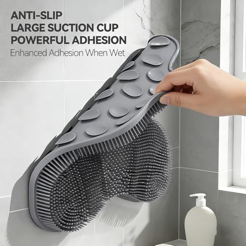 ozner Silicone Shower Foot Scrubber Mat, Back Washer Bath Wash Pad Exfoliating & Massage, Wall Mounted Slip Strong Suction Cups for Use in Cleaner Men and Women (Grey) - color: Grey