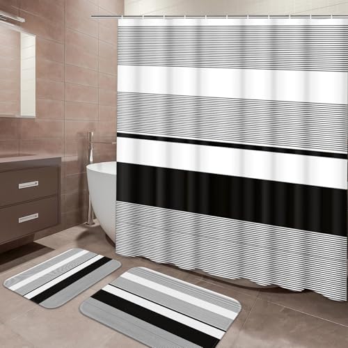 ArtSocket Black Striped Bathroom Set with Shower Curtain and Bath Rugs and Accessories,Boho Modern Non-Slip Shower Curtain Set,Bathroom Decor 3 Pcs - color: Black Striped
