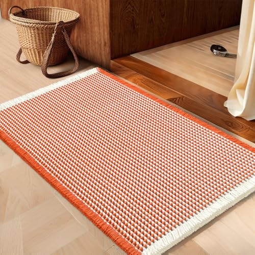 IM HOME Waffle Bath Mat Orange & Cream 24"x17", Boho Woven Modern Bath Mat Rugs, Absorbent Non Slip Bathroom Rugs, Soft Washable Bath Rugs with Tassels for Bathroom, Bedroom, Kitchen, Shower, Tub - color: Orange & Cream, size: 1'5" x 2' (Rectangular)