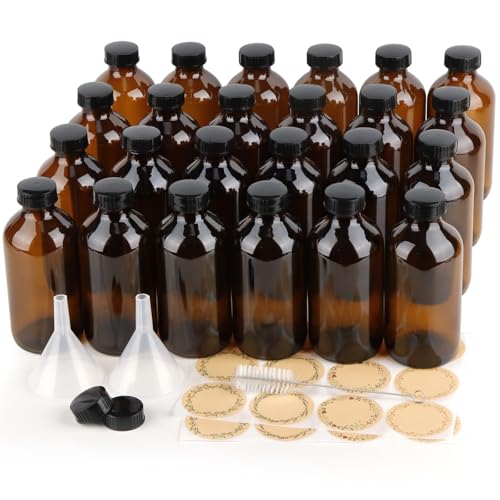 PINIWON 24 Pack 8 oz Amber Glass Bottles, 240ml Boston Round Sample Bottles with Black Poly Cone Caps, Labels and Funnels - color: Amber-24 pack