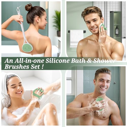 Silicone Back Body Face Scrubbers Set 4PCS, 15.35’’ Back Scrubber Soft Body Scrubber for Dual-Side Usage, Easy-to-Hold Soft Bath Glove & Face Scrubber for Good Foaming Deep Cleaning(Green) - color: Green*4