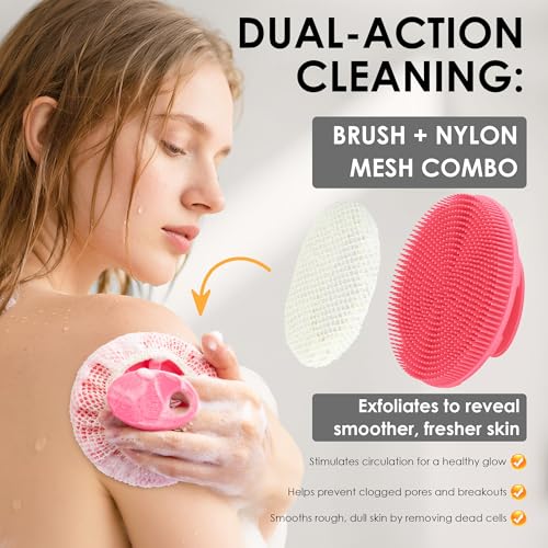 INNERNEED Food-Grade Soft Silicone Body Scrubber Shower Brush Handheld Cleansing Skin Brush, with Exfoliating Net Sponge Case (Pink Brush) - color: (Set5) Pinkcase