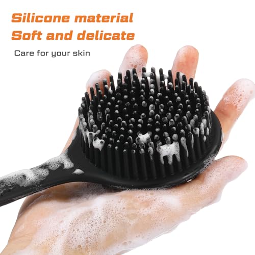 Sunnyray 2 Pack Silicone Back Scrubber for Shower with 15" Long Handle Double-Sided Bath Body Brush for Exfoliating Easy to Clean Quick Dry Deep Cleaning Lathers Well(Black) - color: Black