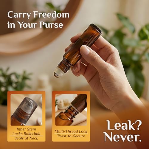 PrettyCare 4 Pack, 10 ml Essential Oil Roller Bottles with Stainless Steel Roller Ball - Refillable Leak-proof Empty Thick Amber Glass Roll on Bottles with Wooden Caps for Travel, Perfume - color: Amber with Wooden Cap, size: 4 Pack