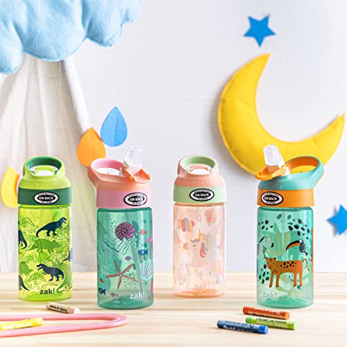 Zak Designs 16oz Riverside Kids Water Bottle with Spout Cover and Built-in Carrying Loop, Made of Durable Plastic, Leak-Proof Water Bottle Design for Travel (Dino Camo & Safari, Pack of 2) - color: Dino Camo & Safari